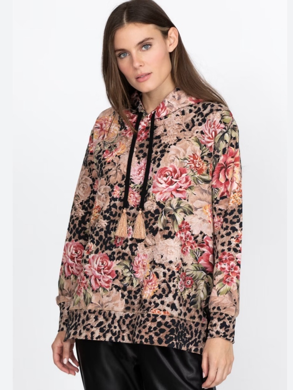 JOHNNY WAS Lovely Hoodie Vintage Rose Floral Leopard Print Size XL Tassels